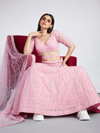 House of Panchhi Pink Net Sequins, Zarkan And Thread Embroidery Lehenga Choli & Dupatta