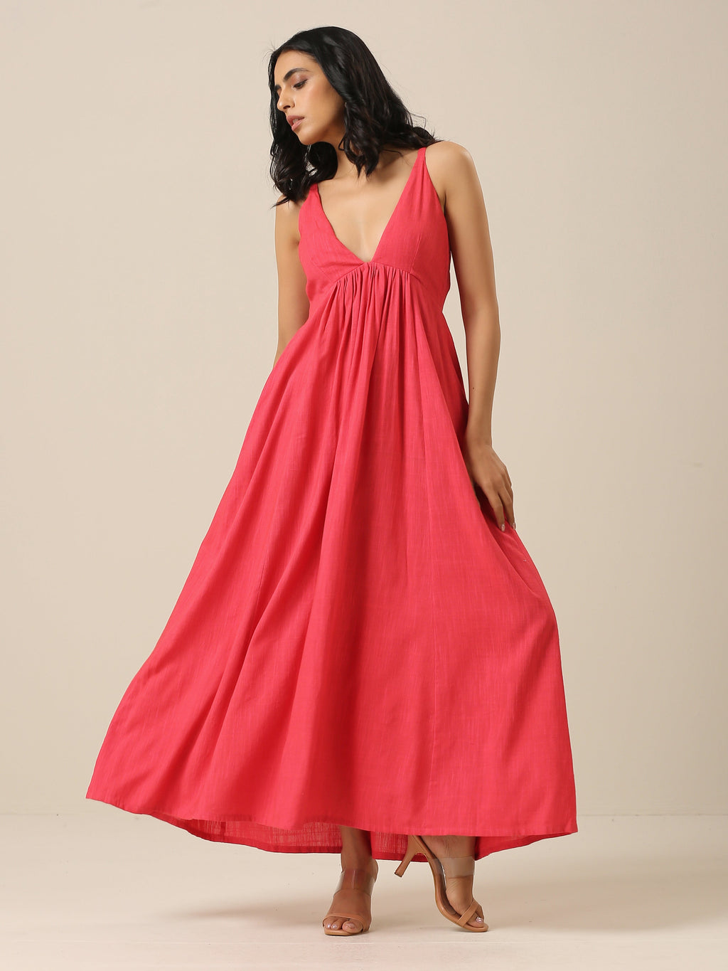 trueBrowns Bright Pink Slub Texture Sleeveless Dress - Distacart