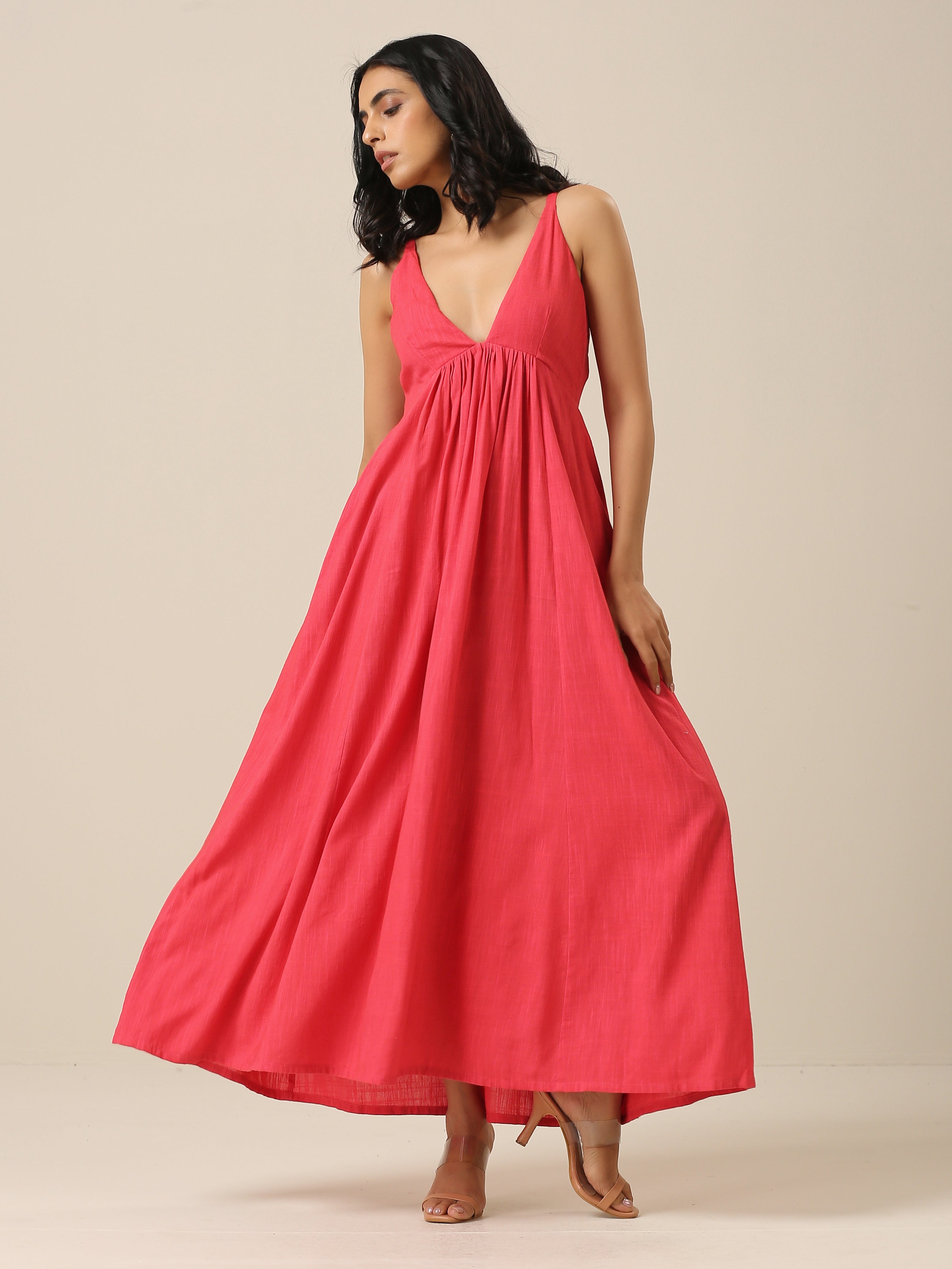 trueBrowns Bright Pink Slub Texture Sleeveless Dress - Distacart
