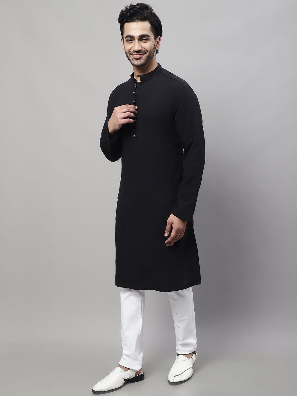 Even Apparels Black Pure Cotton Kurta With Band Collar