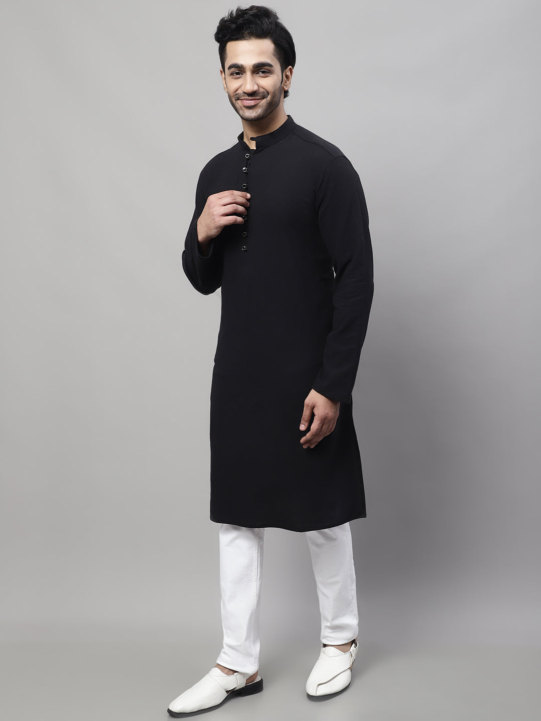 Even Apparels Black Pure Cotton Kurta With Band Collar
