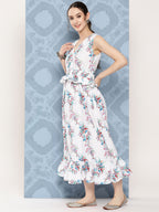 InWeave Women's White Floral Paisley Print Long Frill Dress - Distacart