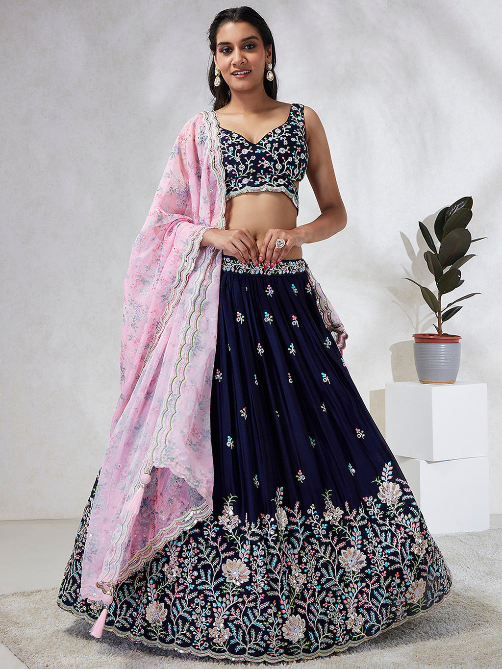 House of Panchhi Navy Blue Georgette Sequins, Mirror And Thread Embroidery Lehenga Choli & Dupatta