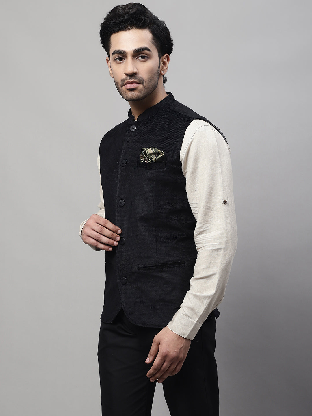 Even Apparels Men's Black Nehru Jacket With Welt Pockets