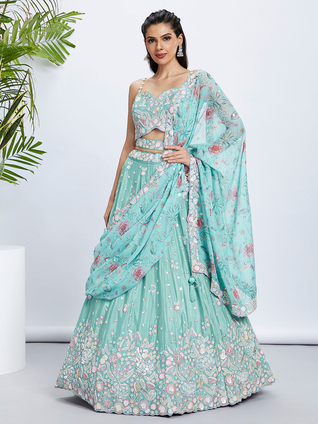 House of Panchhi Burgundy Georgette Sequins, Mirror And Thread Embroidery Lehenga Choli & Dupatta