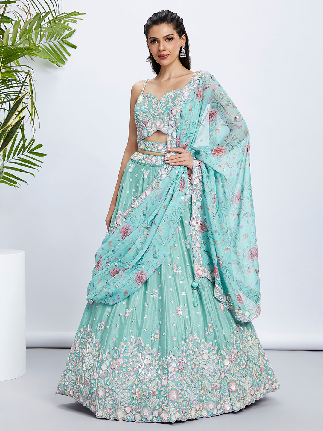 House of Panchhi Burgundy Georgette Sequins, Mirror And Thread Embroidery Lehenga Choli & Dupatta