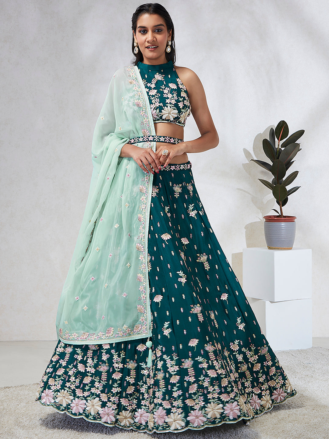 House of Panchhi Green Pure Georgette Sequins And Thread Embroidery Lehenga Choli & Dupatta