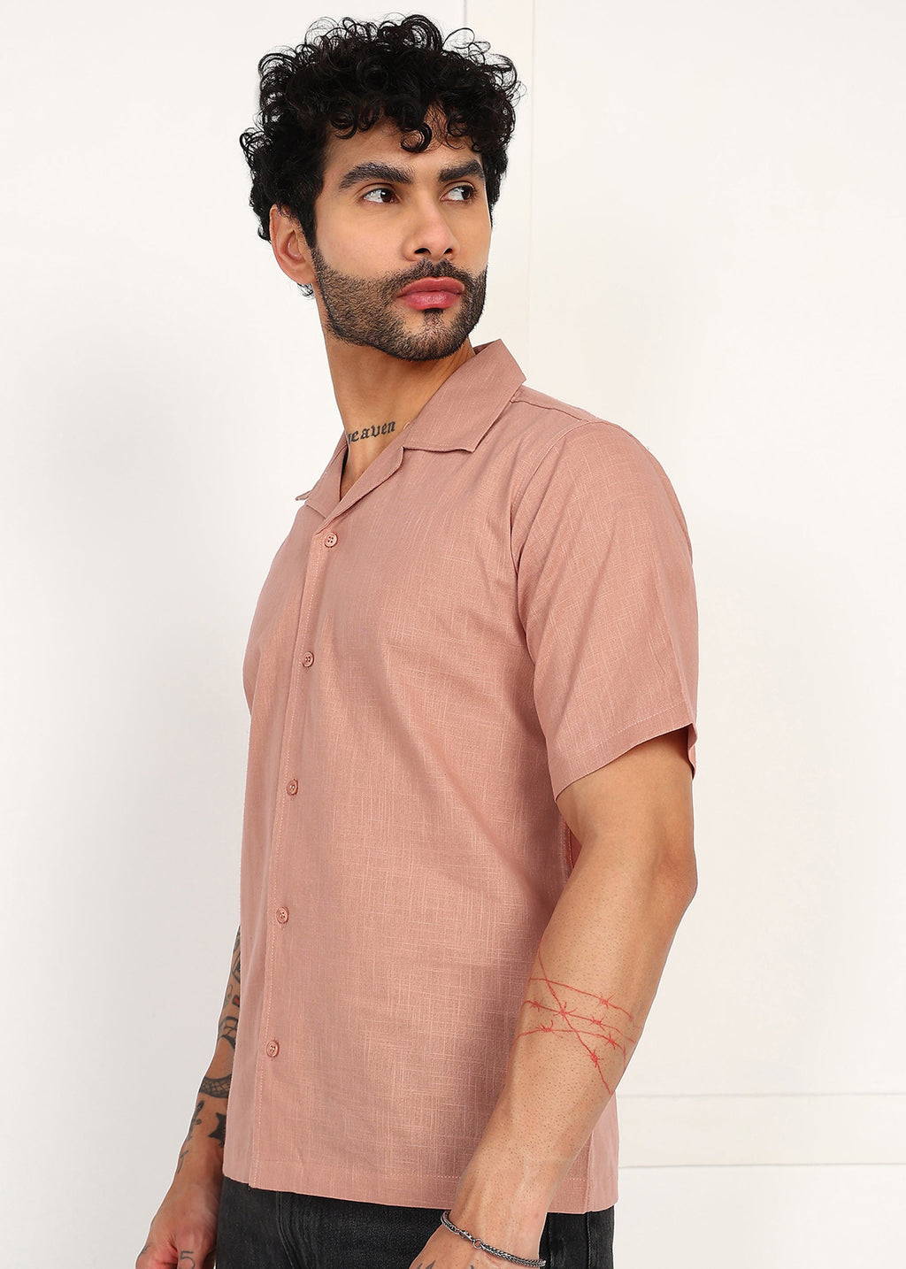Fabmade Men’S Peach Linen Short-Sleeve Shirt