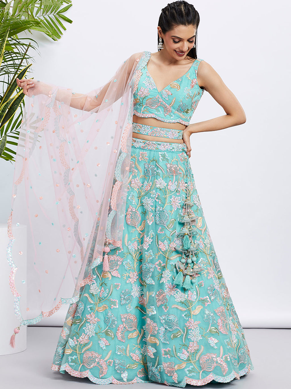 House of Panchhi Turquoise Blue Chiffon Sequins And Thread Embroidery Lehenga Choli & Printed Dupatta