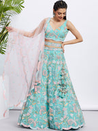 House of Panchhi Turquoise Blue Chiffon Sequins And Thread Embroidery Lehenga Choli & Printed Dupatta