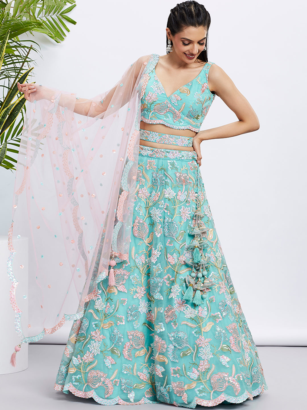 House of Panchhi Turquoise Blue Chiffon Sequins And Thread Embroidery Lehenga Choli & Printed Dupatta
