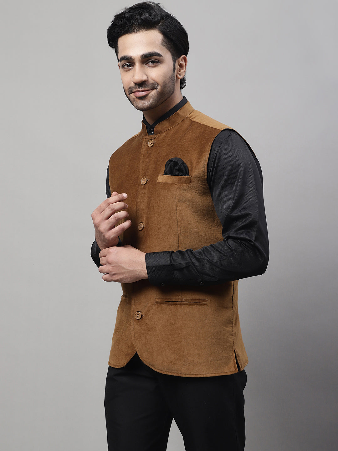 Even Apparels Men's Brown Nehru Jacket With Welt Pockets