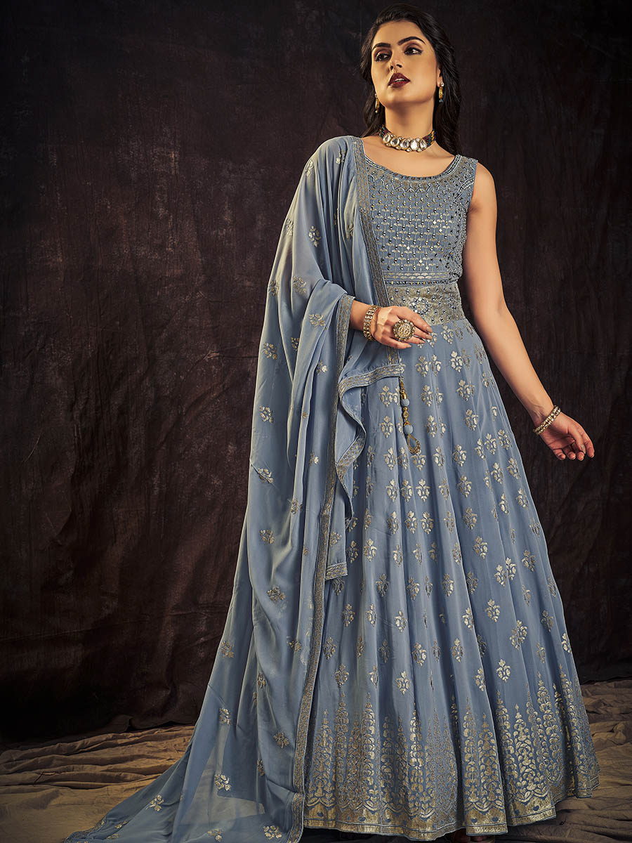 Myra Blue Real Georgette Designer Gown Style Suit - Distacart