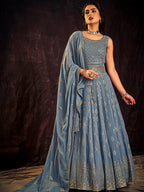 Myra Blue Real Georgette Designer Gown Style Suit - Distacart