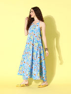 InWeave Women's Sky Blue Print Backless Long Kurta Pant Set