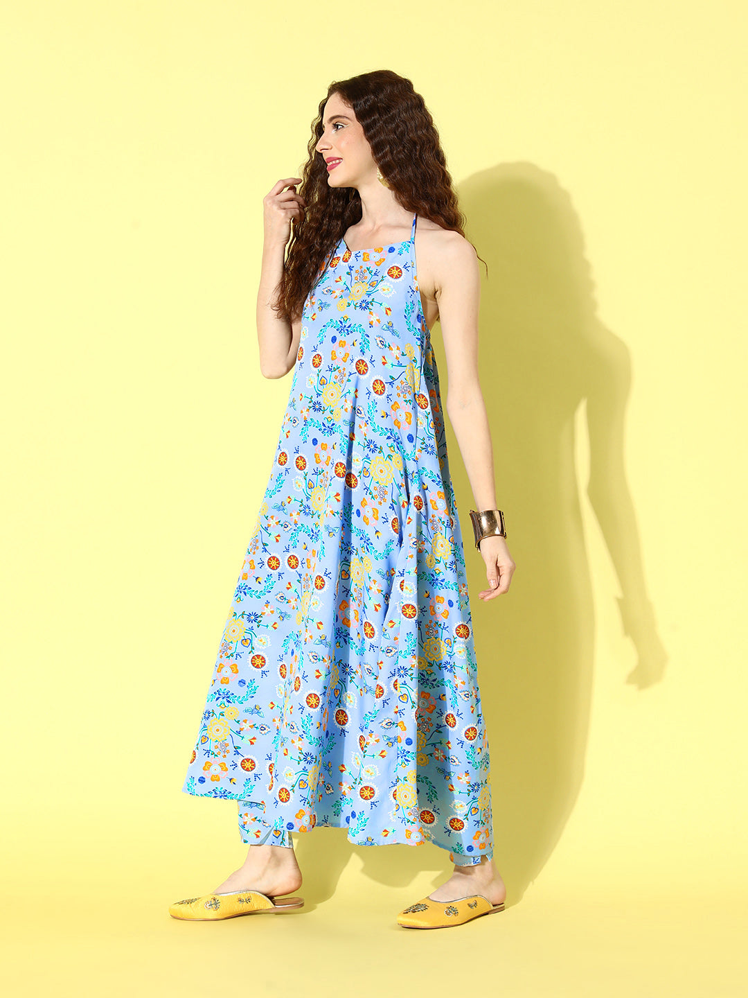 InWeave Women's Sky Blue Print Backless Long Kurta Pant Set