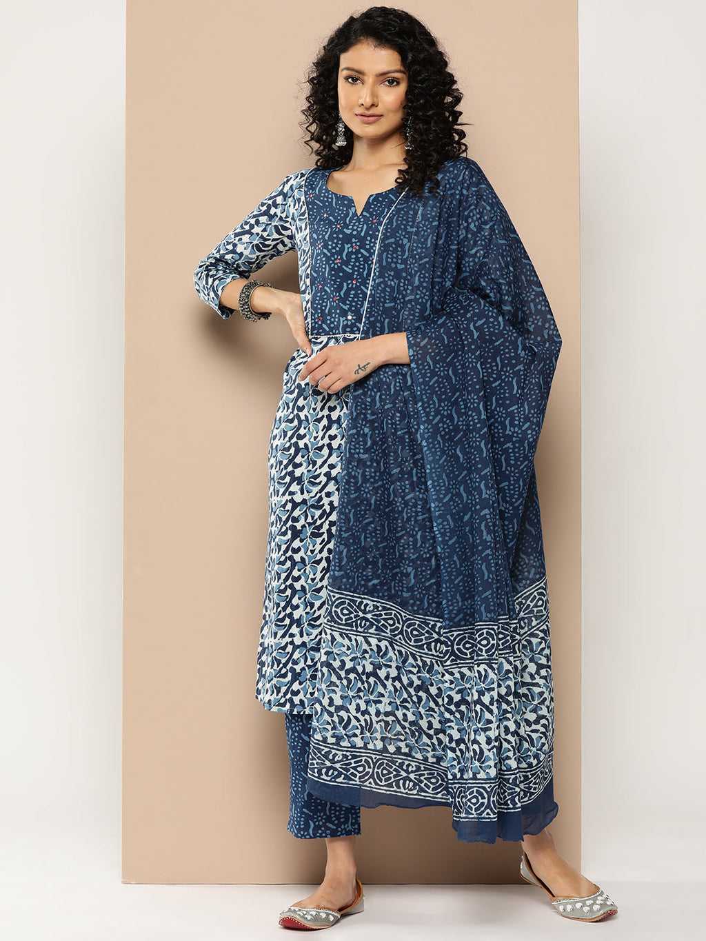 KSUT (House of Varanga) Blue And White Cotton Printed Yoke Design Kurta Paired With Printed Dupatta And Trouser - Distacart
