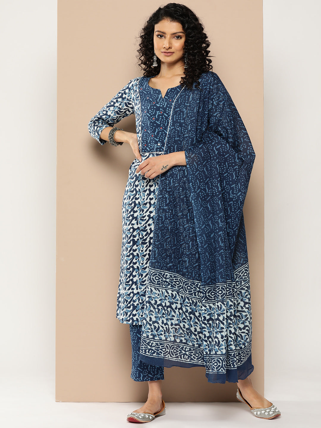 KSUT (House of Varanga) Blue And White Cotton Printed Yoke Design Kurta Paired With Printed Dupatta And Trouser - Distacart