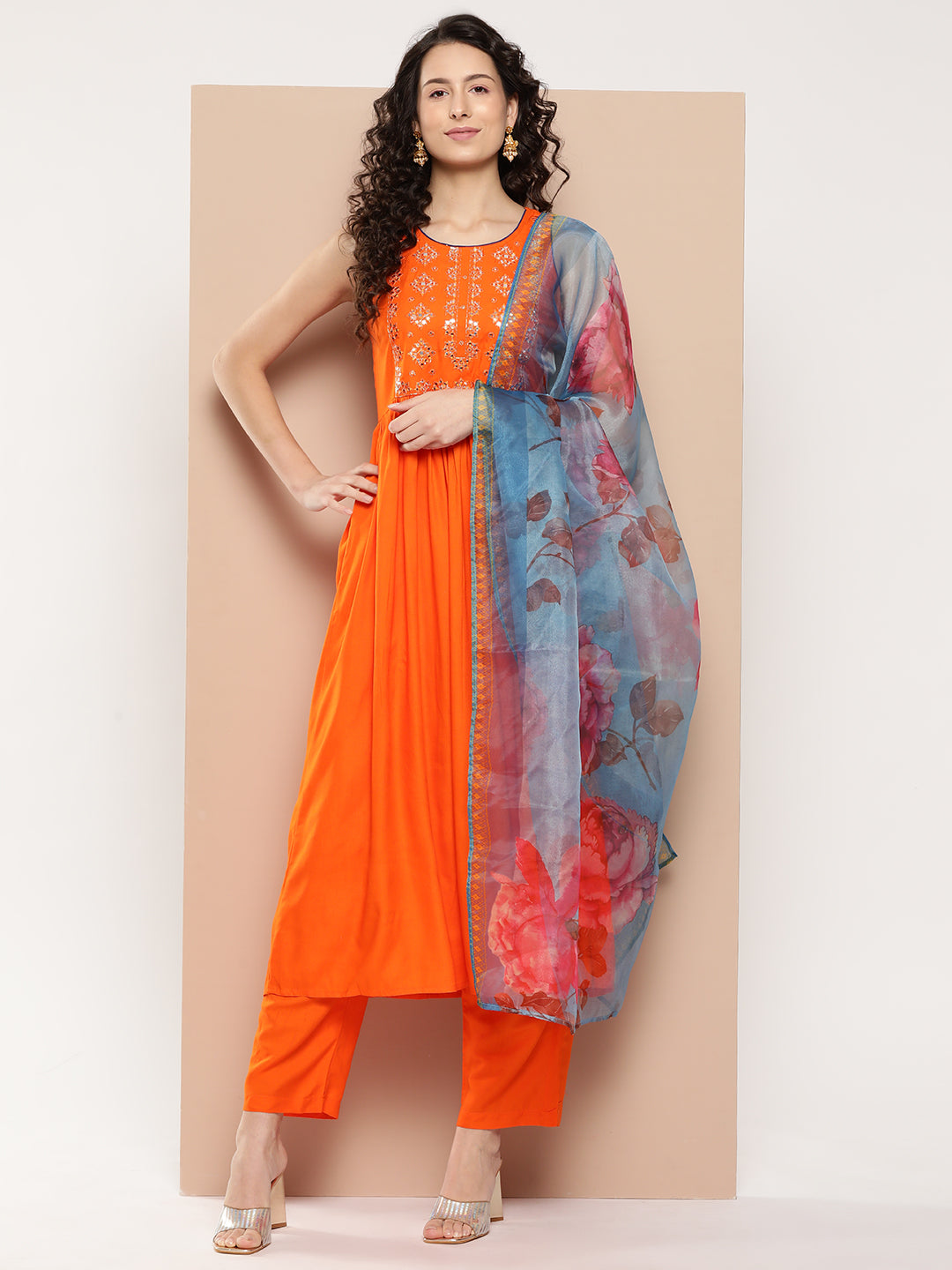 InWeave Women's Orange Mirror Work Aline Strappy Kurta Set Blue Fuchsia Or Dupatta