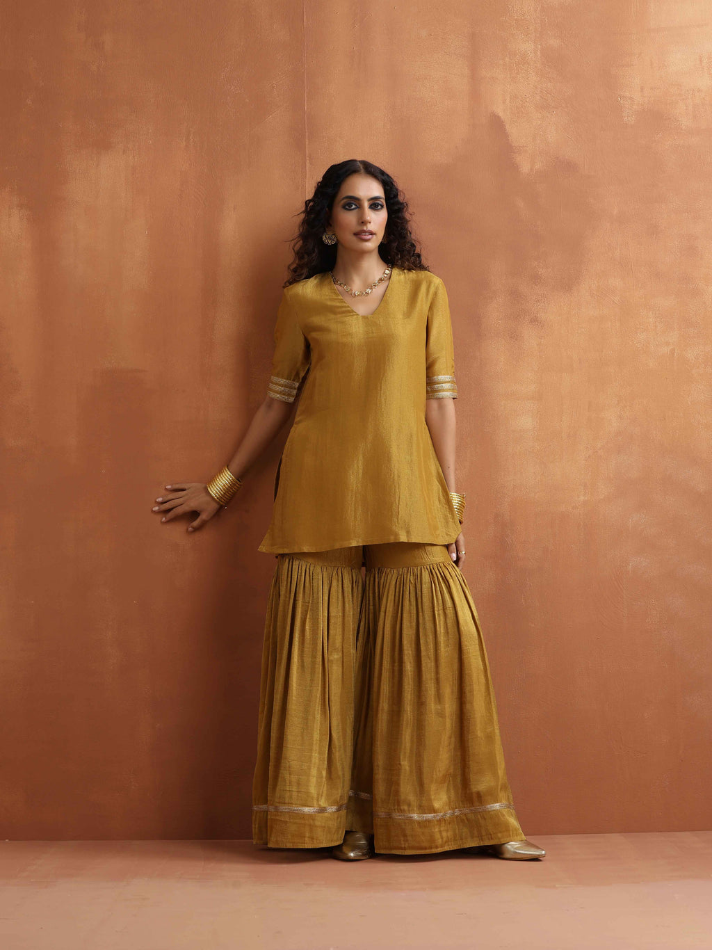 trueBrowns Gold Tissue Sharara Dupatta Set - Distacart