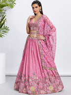 House of Panchhi Lime Green Chiffon Sequins And Thread Embroidery Lehenga Choli & Dupatta