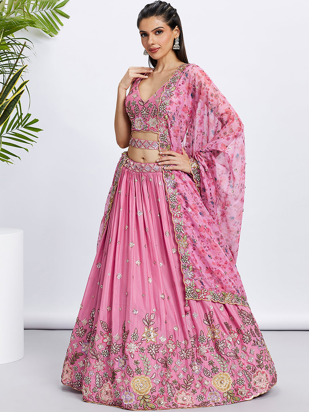House of Panchhi Lime Green Chiffon Sequins And Thread Embroidery Lehenga Choli & Dupatta