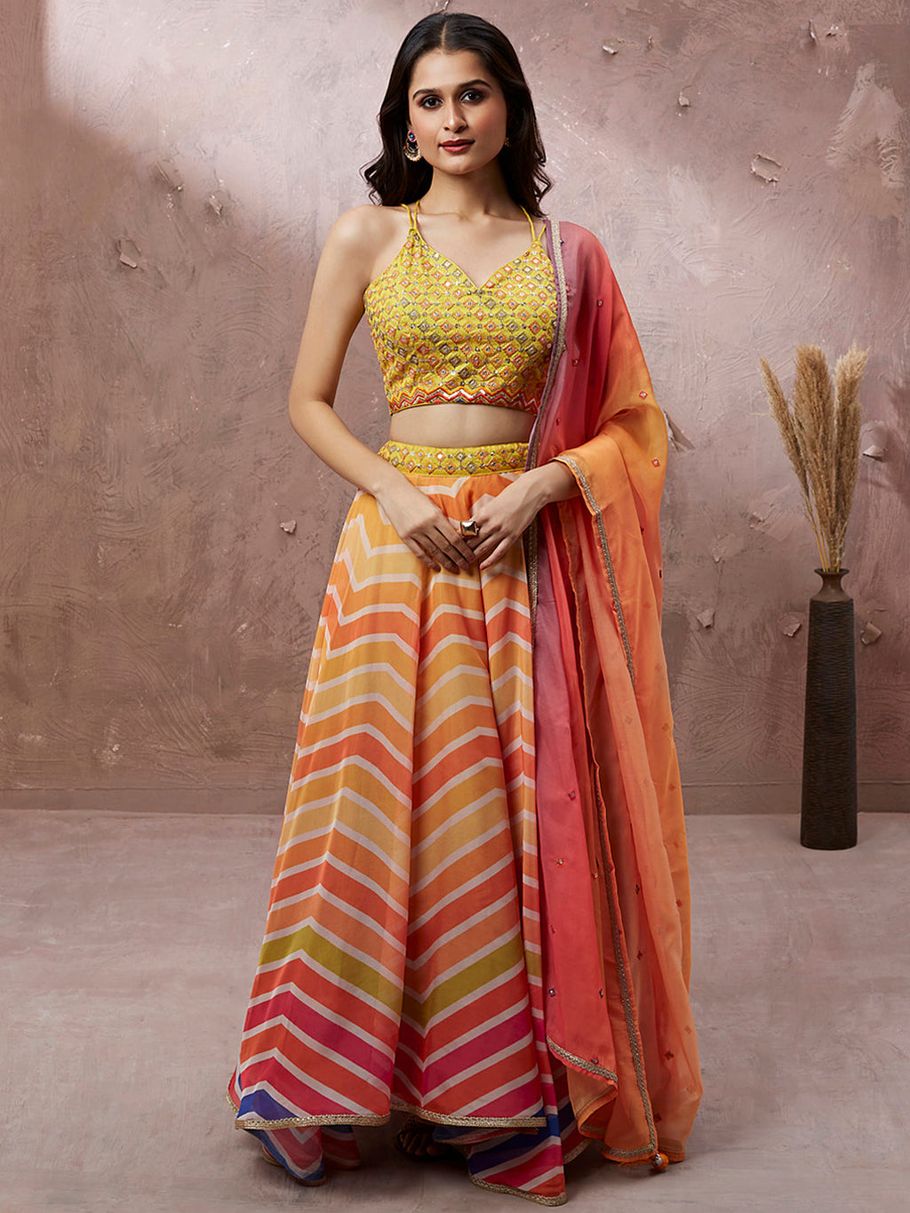 House of Panchhi Yellow Organza Leheriya Printed Lehenga Choli & Dupatta