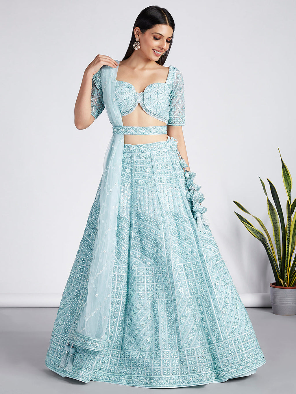 House of Panchhi Turquoise Blue Net Sequins, Zarkan And Thread Embroidery Lehenga Choli & Dupatta