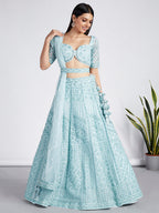 House of Panchhi Turquoise Blue Net Sequins, Zarkan And Thread Embroidery Lehenga Choli & Dupatta