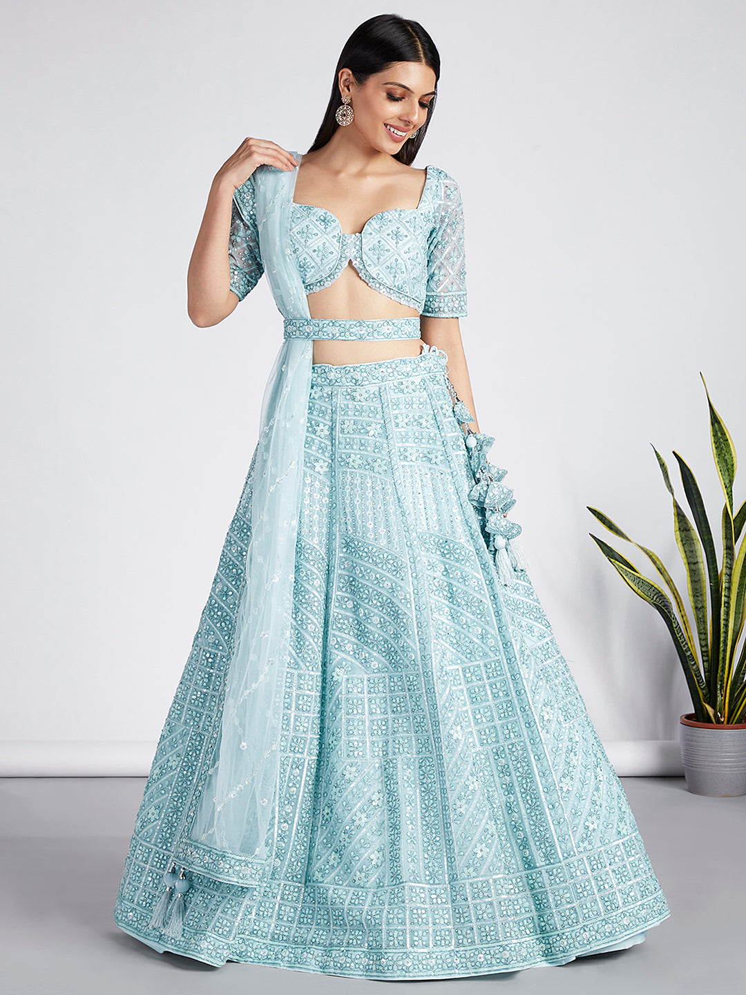 House of Panchhi Turquoise Blue Net Sequins, Zarkan And Thread Embroidery Lehenga Choli & Dupatta