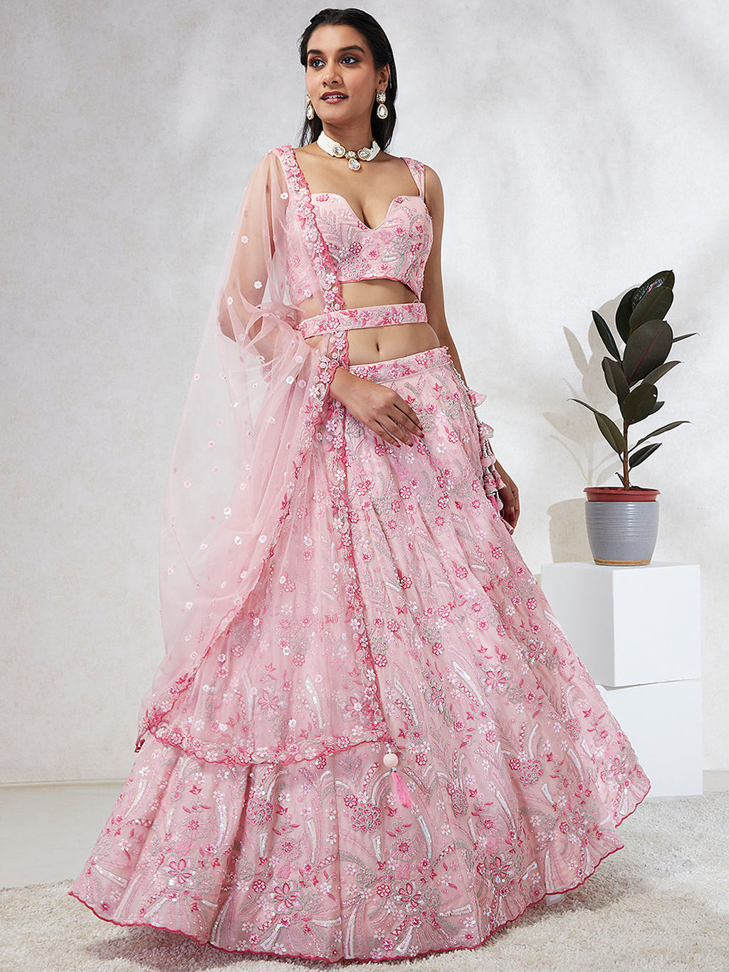 House of Panchhi Pink Georgette Sequins And Thread Embroidery Lehenga Choli & Dupatta