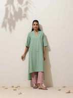 trueBrowns Mint Green Cotton Linen Kurta Pant Set - Distacart
