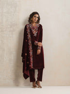 trueBrowns Maroon Velvet Floral Embroidered Kurta Pant Dupatta Set - Distacart