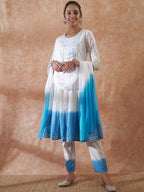InWeave Women's White Lurex Blue Dye Patch Gota Anarkali Kurta Set W Dupatta