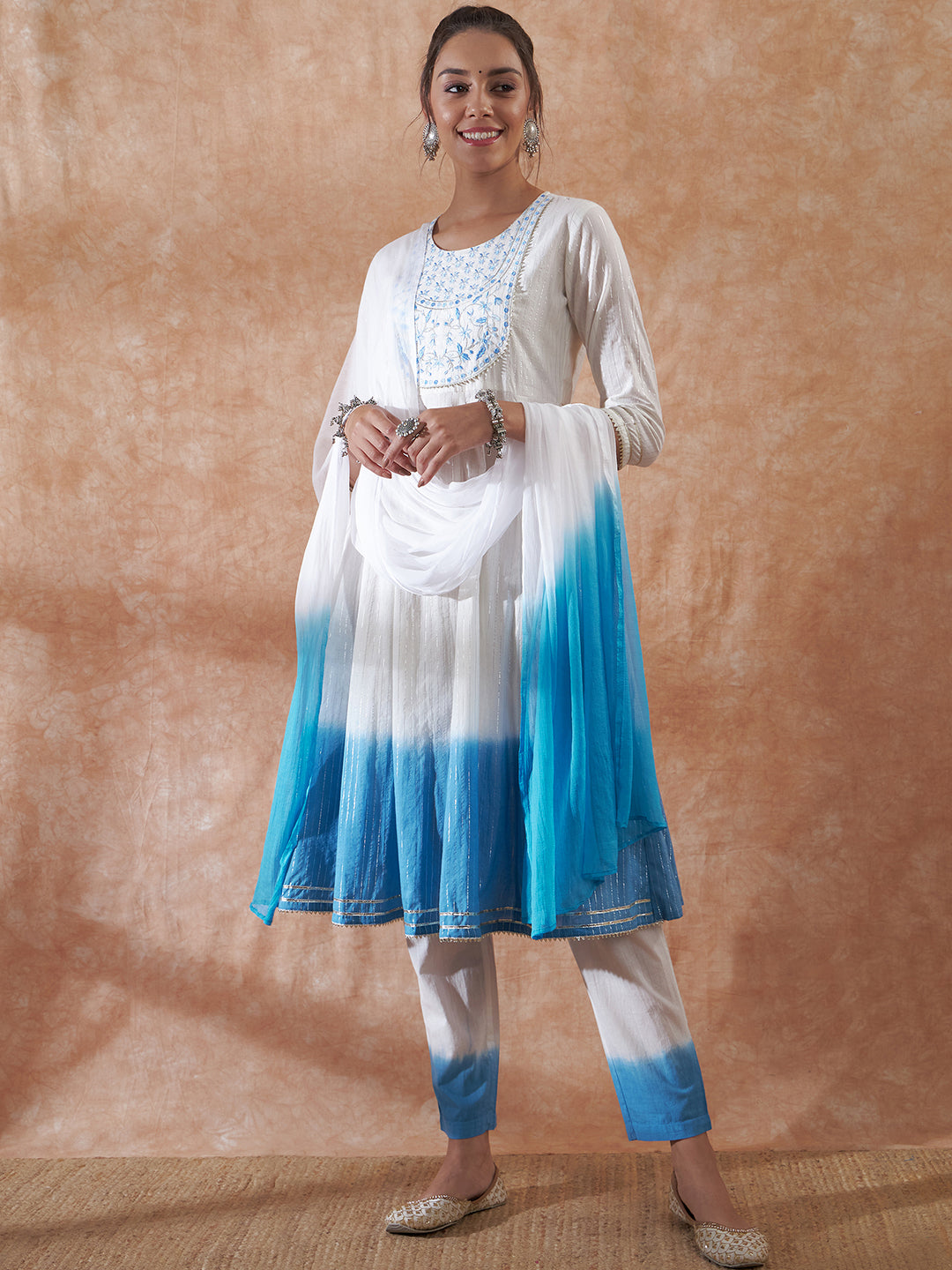InWeave Women's White Lurex Blue Dye Patch Gota Anarkali Kurta Set W Dupatta