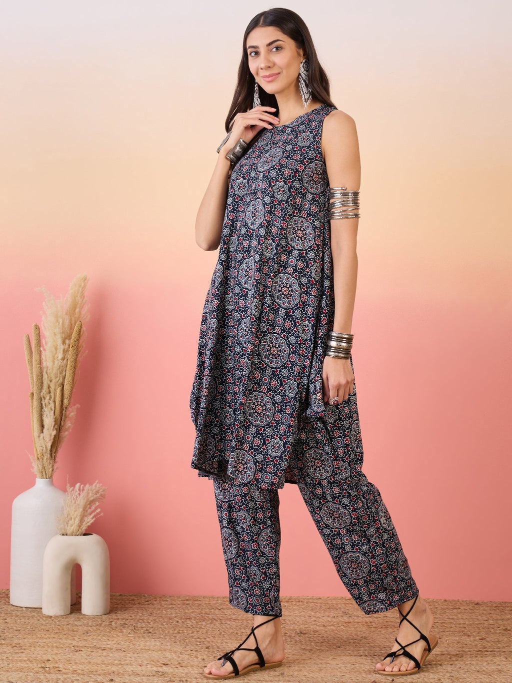 InWeave Navy Maroon Ajrakh Foil Round Neck Kurta Pant Set