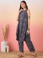 InWeave Navy Maroon Ajrakh Foil Round Neck Kurta Pant Set