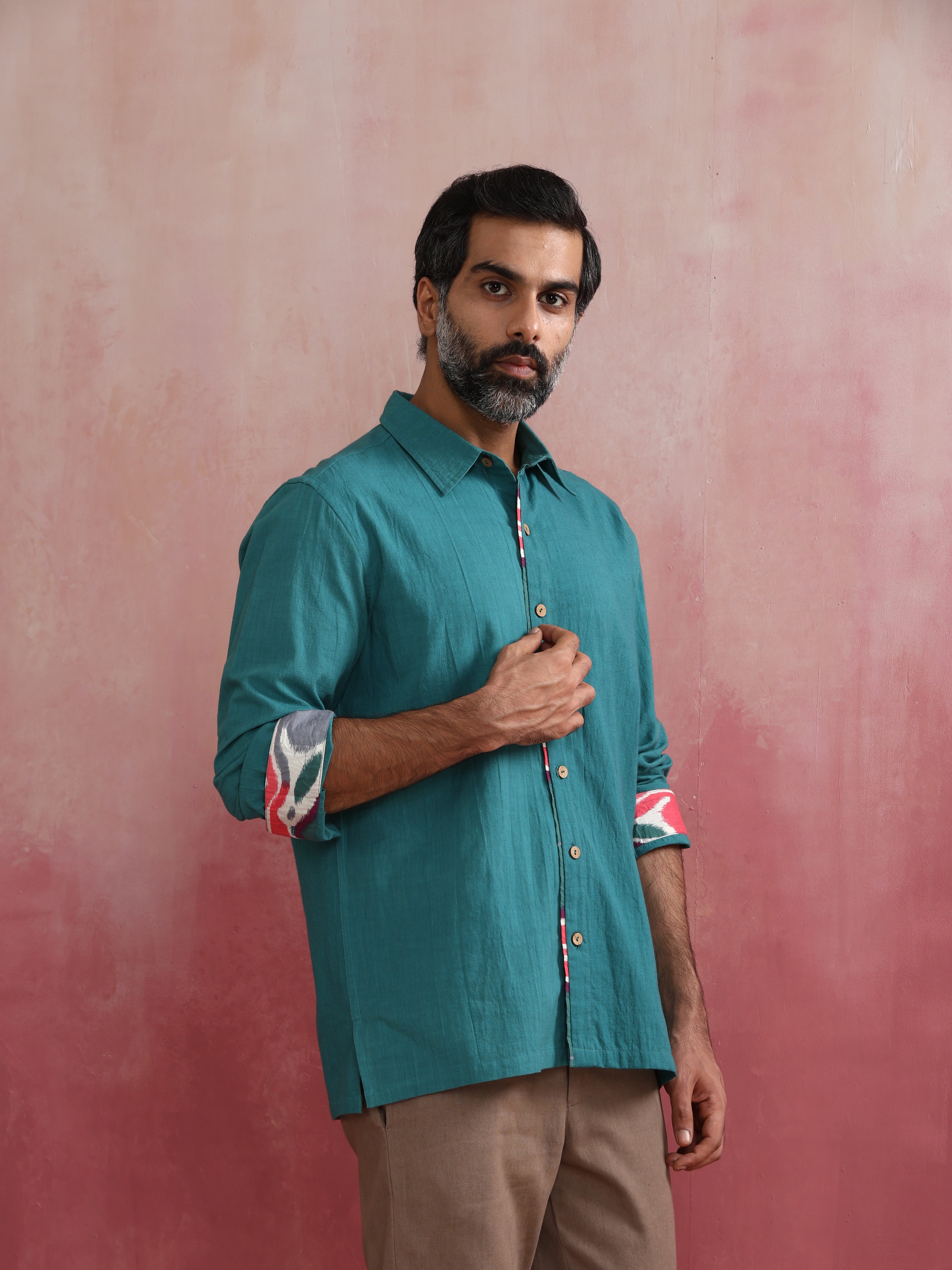 trueBrowns Men's Teal Cotton Shirt