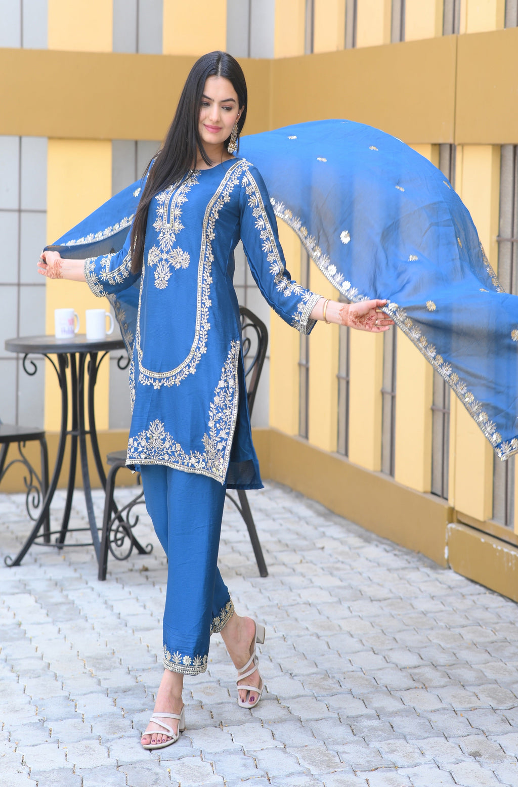 Teeya Creation Blue Color Chinon Silk Heavy Embroidery Work Fully Stitched Salwar Suit