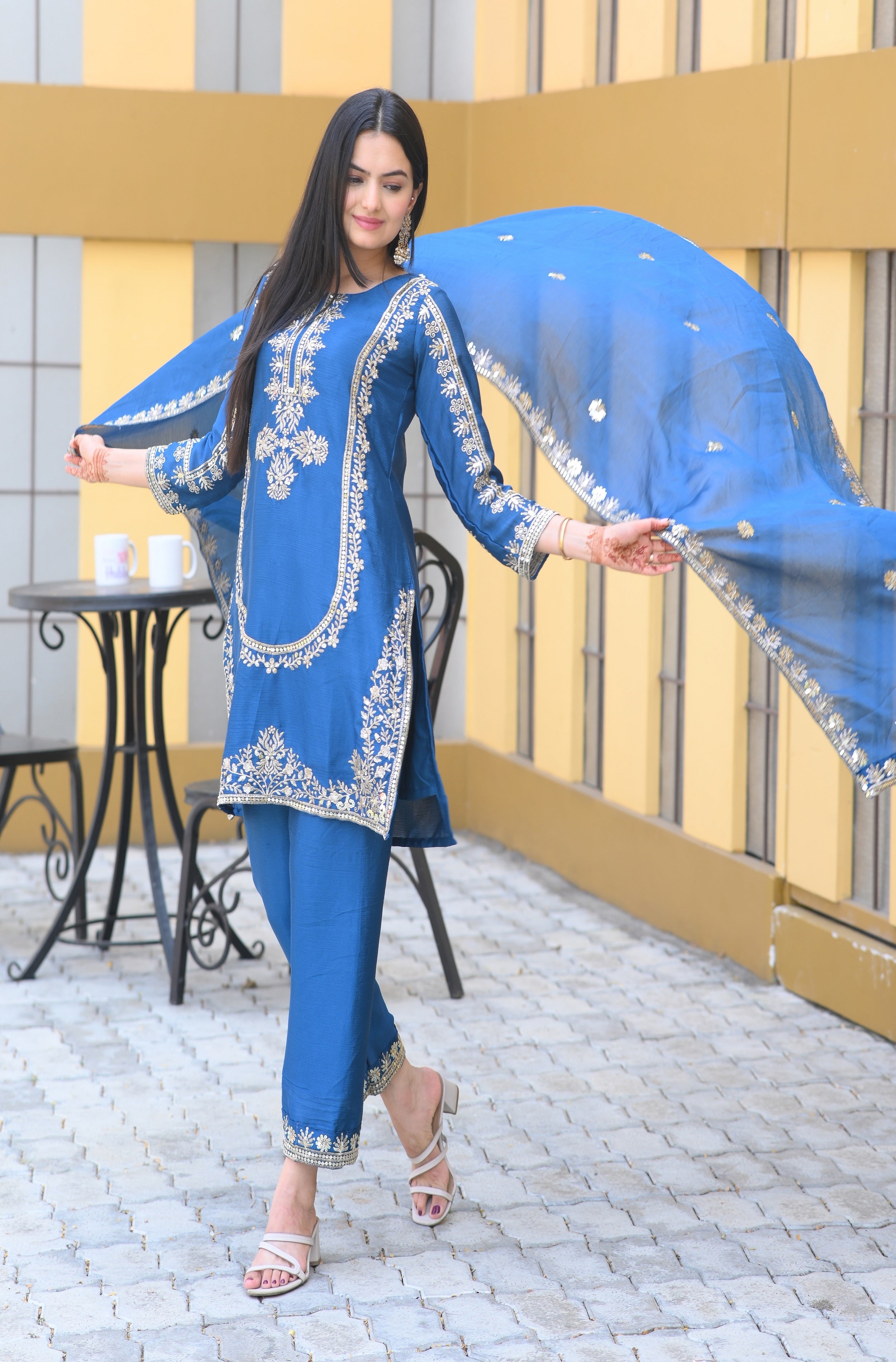 Teeya Creation Blue Color Chinon Silk Heavy Embroidery Work Fully Stitched Salwar Suit