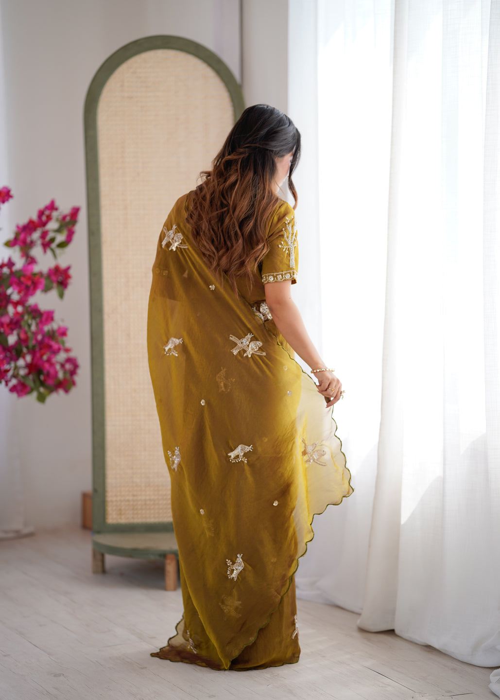 Evanik Mehendi Mos Silk With Handwork Butterfly Design Saree With Unstitched Blouse - Distacart