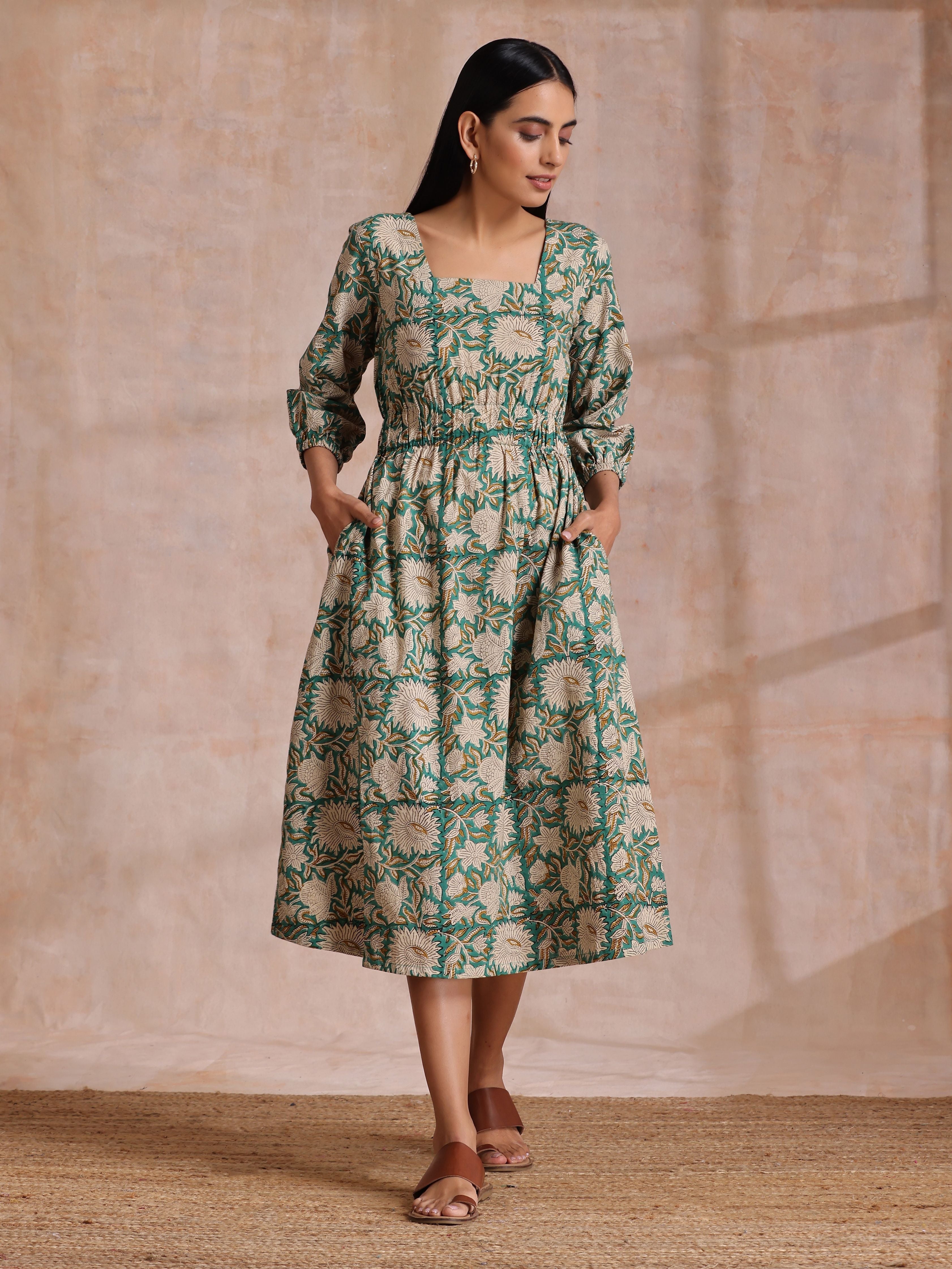 trueBrowns Fern Green Overall Floral Block Print Cotton Square Neck Dress - Distacart