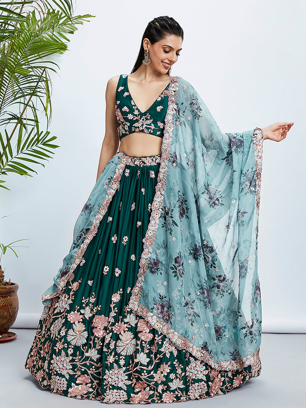 House of Panchhi Teal Pure Georgette Sequins And Thread Embroidery Lehenga Choli & Dupatta