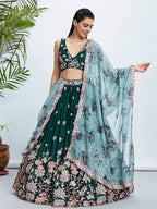 House of Panchhi Teal Pure Georgette Sequins And Thread Embroidery Lehenga Choli & Dupatta