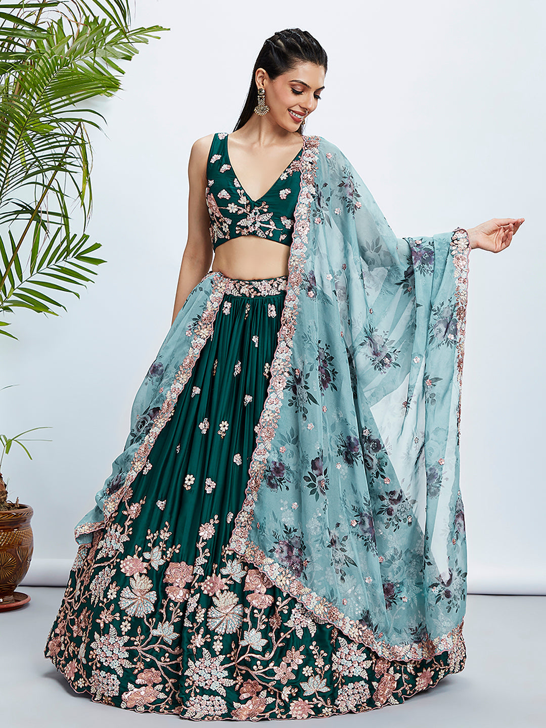House of Panchhi Teal Pure Georgette Sequins And Thread Embroidery Lehenga Choli & Dupatta
