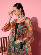 InWeave Black Strappy Set With Green Floral Organza Cape
