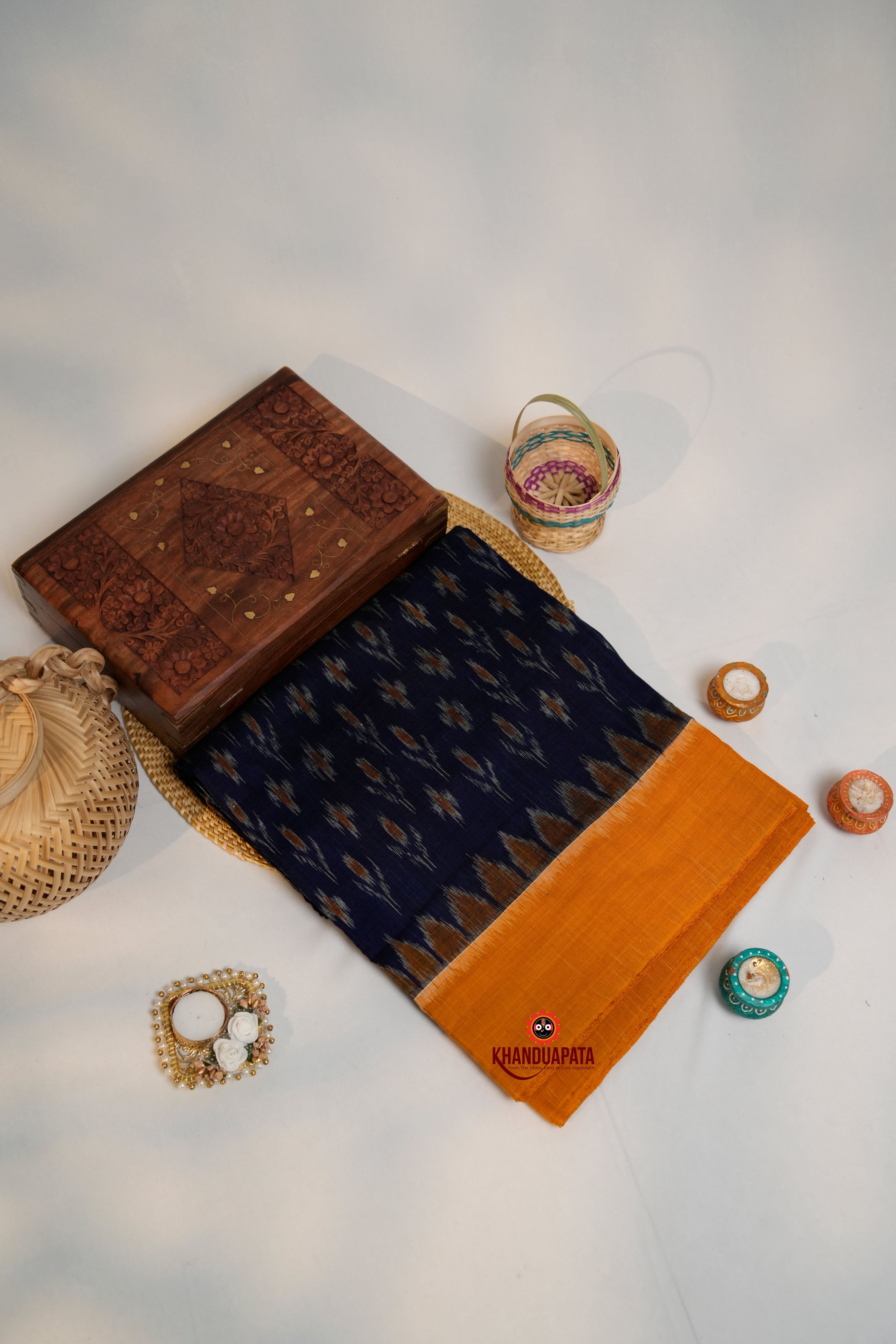 khanduapata Blue & Orange Colour Flower Design Cotton Saree For Women - Distacart