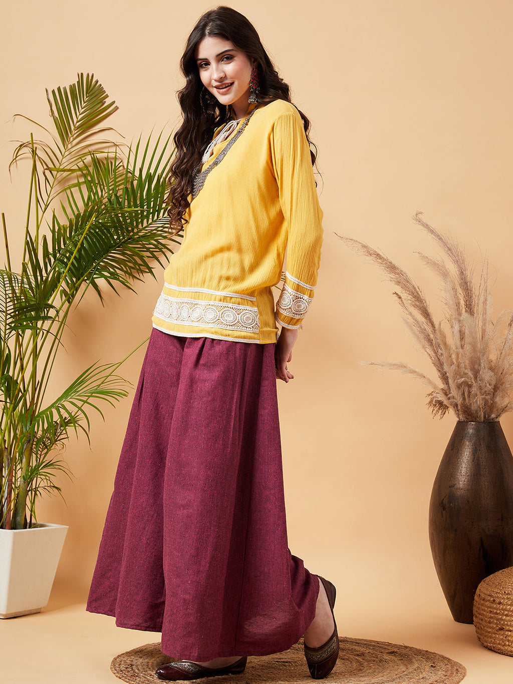 InWeave Women's Pink Wine Handloom Palazzo