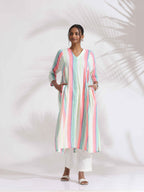 trueBrowns Off-White Cotton Multi Stripe Flared Kurta Set - Distacart