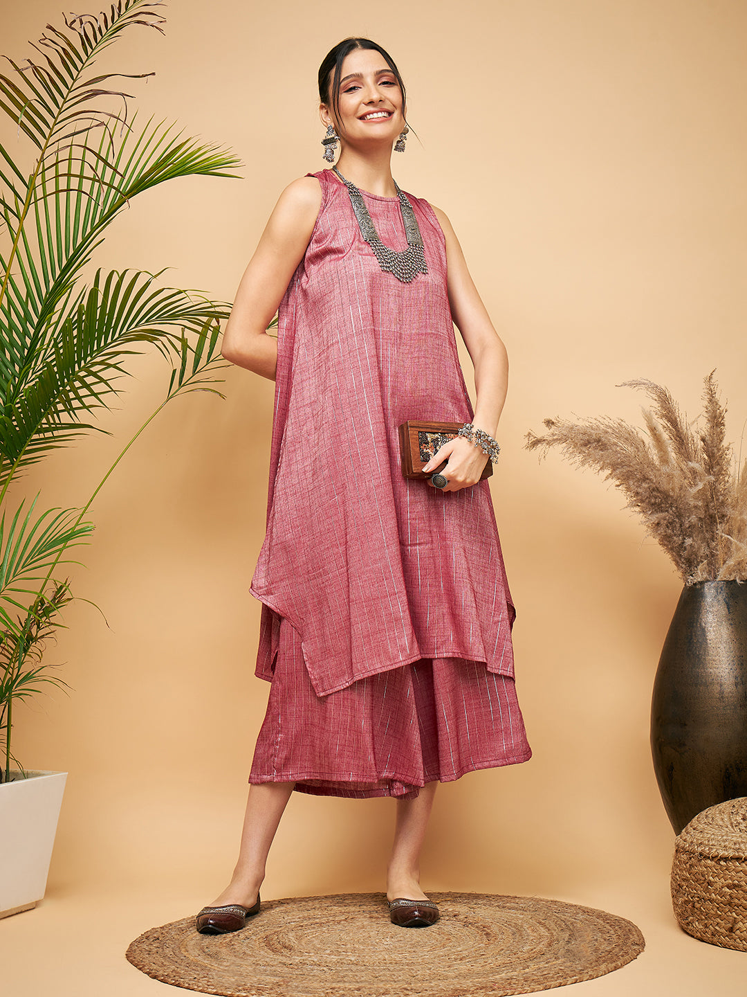 InWeave Women's Wine Lurex Short Pallazo Kurta Set